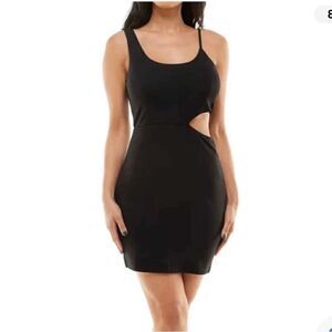 Socialite Women's Sz XL Black Asymmetric Cut Out Ponte Bodycon Mini Dress NWOT